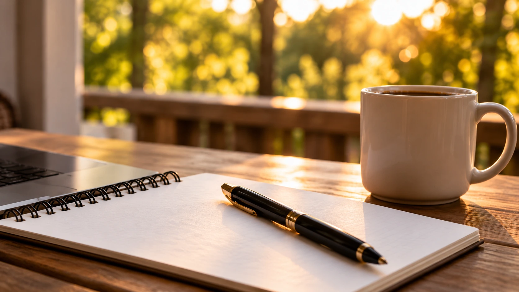 A laptop, notebook, and coffee on a wooden table