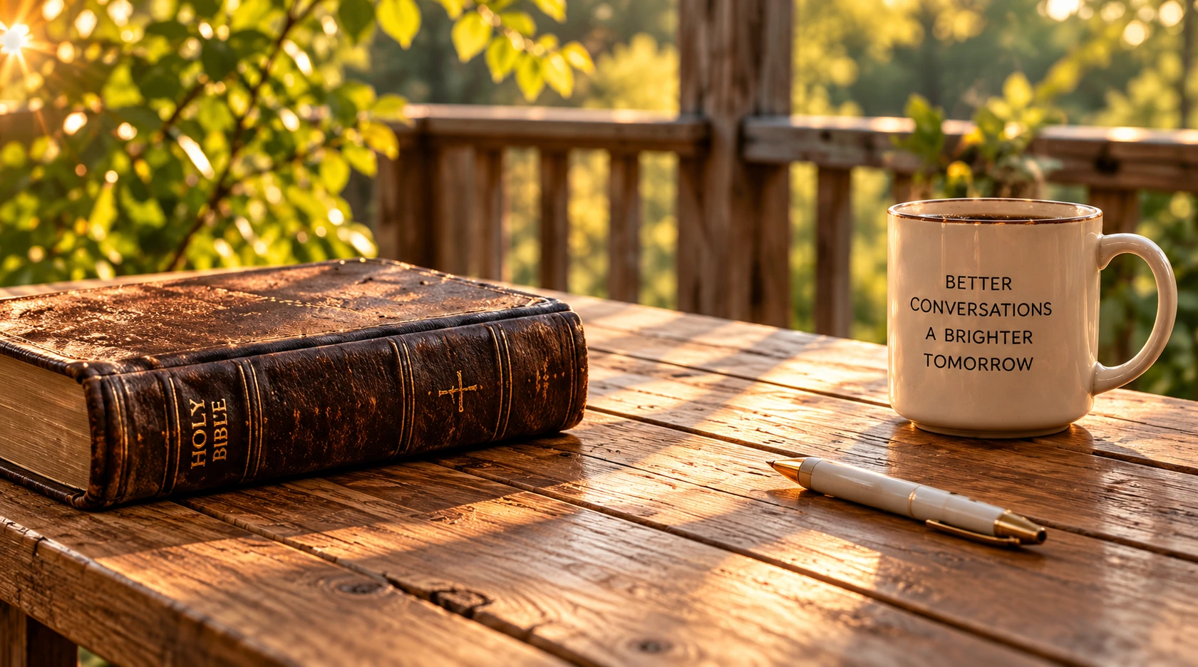 A Bible and a mug reading Better conversations, a brighter tomorrow on a porch table