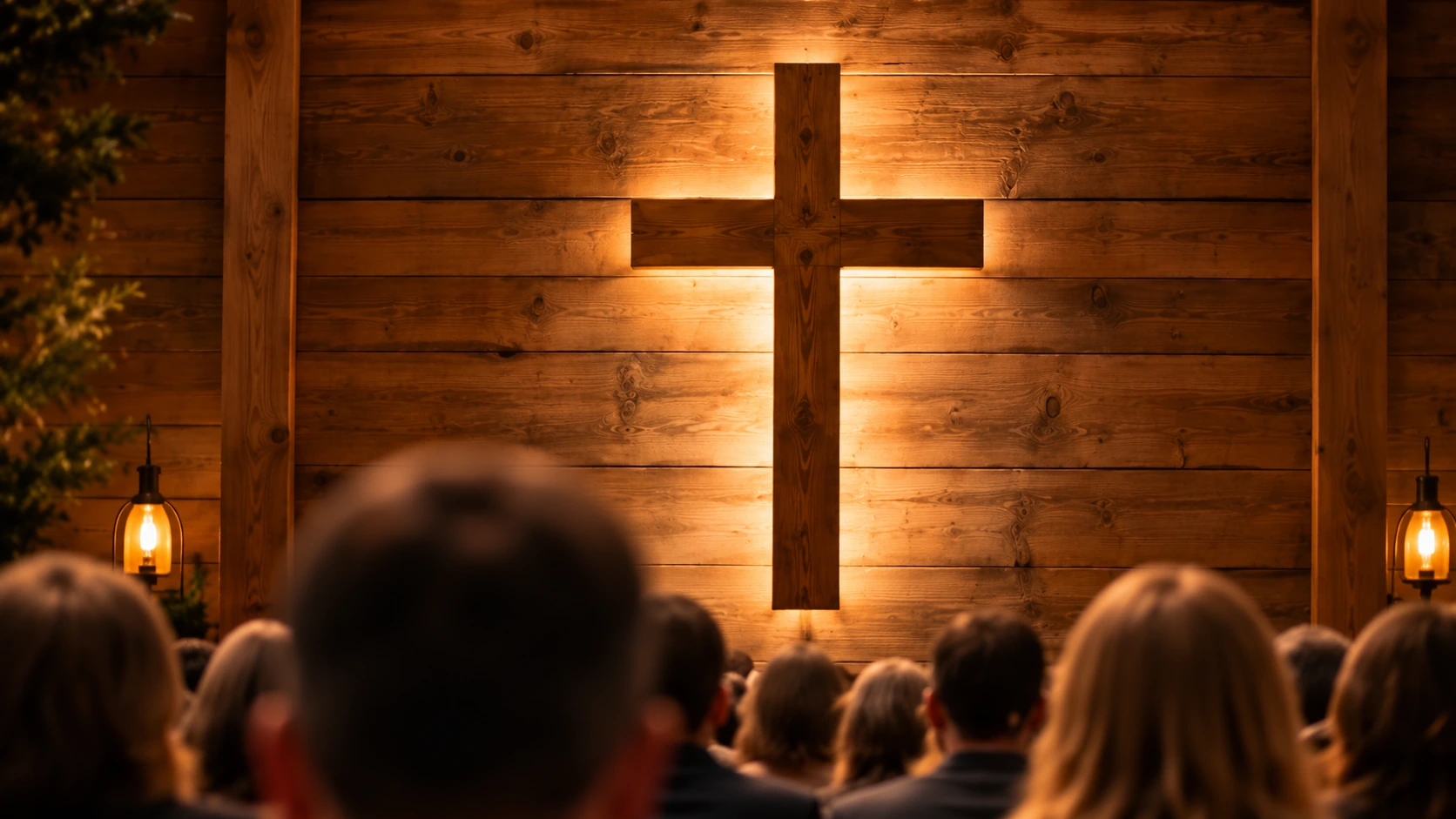 A congregation gathered beneath a warmly lit cross