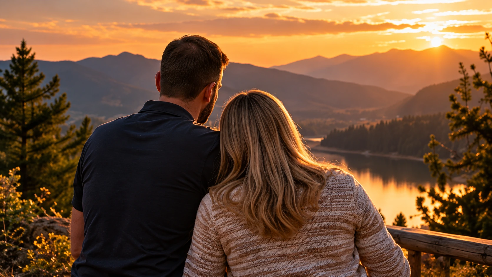 A couple looking out over the mountains at sunset