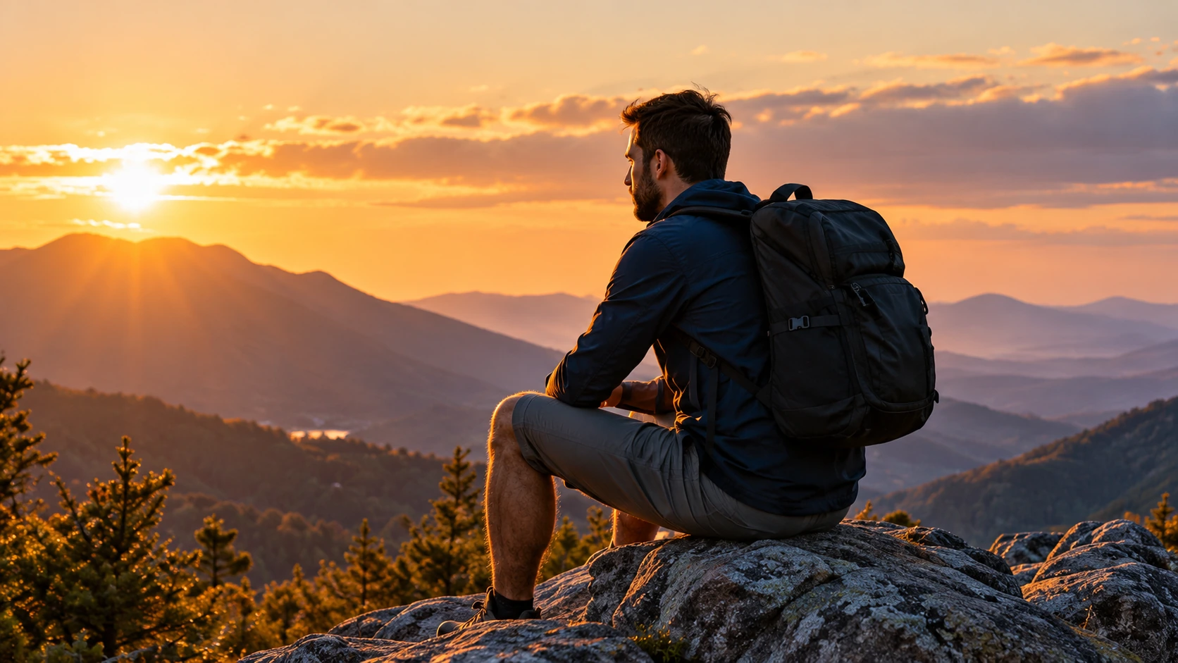 A hiker resting above a mountain valley at sunrise