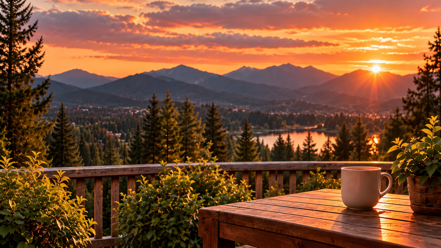 A warm sunset over the hills, seen from the porch